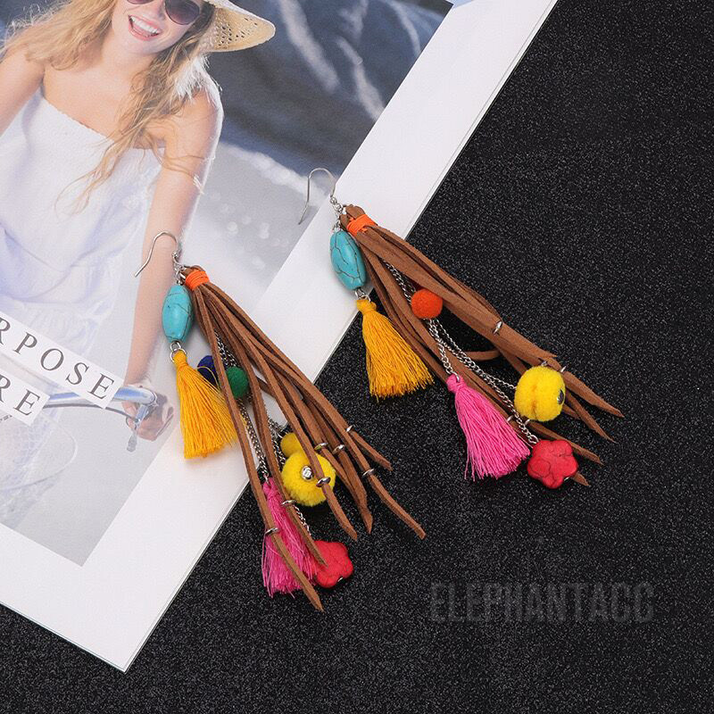 跑男baby同款民族风耳环流苏皮绳波西米亚毛球耳夹复古藏族耳饰女 - 图1