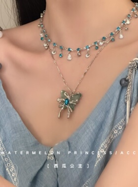 「蓝心蝶恋」双层叠戴项链女款2026新款轻奢小众蝴蝶锁骨链配饰潮