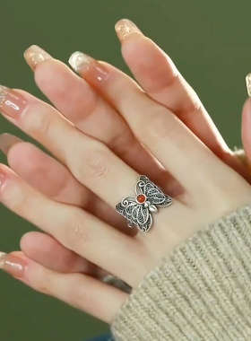 新中式国风复古做旧镀银蝴蝶戒指女开口食指指环文艺气质古风饰品