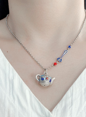 复古景泰蓝珐琅茶壶项链男女个性创意做旧小众设计滴胶工艺锁骨链