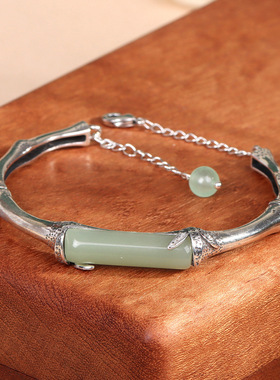 竹节款手镯女款复古镀金色仿和田玉开口手饰国风手环首饰品