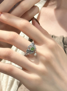 镂空铜钱戒指女款复古做旧时尚高级感花纹指环简约开口可调食指戒