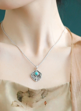 复古绿松石叶子吊坠女新中式小众锁骨链民族风蓝眼泪羽毛挂坠项链