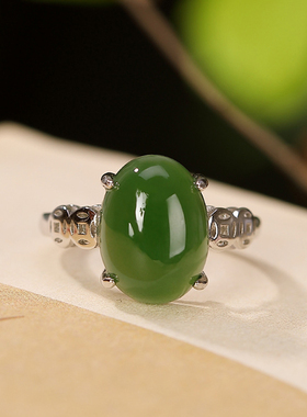 复古钱币铜钱碧玉戒指女新中式国风高级感简约蛋面开口可调节指环