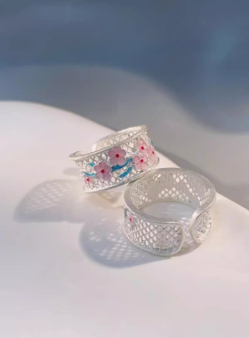 新中式古法珐琅镂空梅花花丝戒指女复古民族风时尚文艺范开口指环