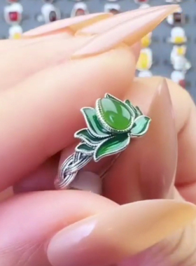 复古水滴莲花戒指女新中式珐琅工艺可调节指环国风绿色花卉开口戒