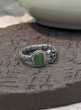 复古如意唐䓍纹戒指女款新中式轻奢设计感绿石元宝可调节开口指环