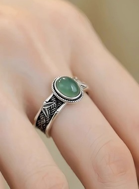 新中式绿水菠菜绿玉髓戒指女款复古做旧竹叶浮雕宫廷风活口可调节