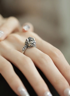 复古做旧貔貅铜钱戒指女款小众设计新中式国风开口可调节食指戒