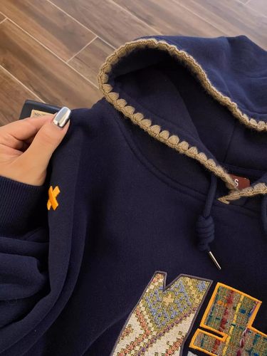 奥特莱斯~清仓捡漏美式复古藏蓝色连帽卫衣女设计感小众加绒加厚 - 图0