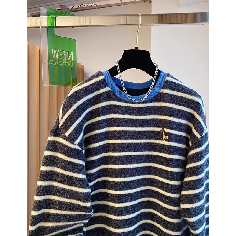 外贸出口余单高级感刺绣撞色条纹加绒磨毛长袖打底衫女冬软糯上衣,淘宝优惠券,粉丝福利购,淘宝优惠卷