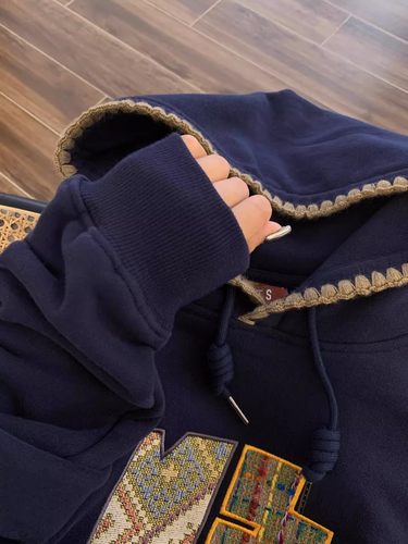 奥特莱斯~清仓捡漏美式复古藏蓝色连帽卫衣女设计感小众加绒加厚 - 图1