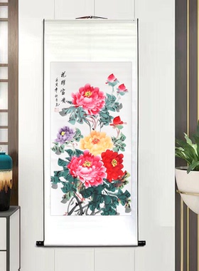 手绘公鸡大吉大利福禄卷轴画