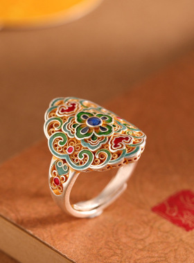 新款文艺复古描金花丝烧蓝戒指开