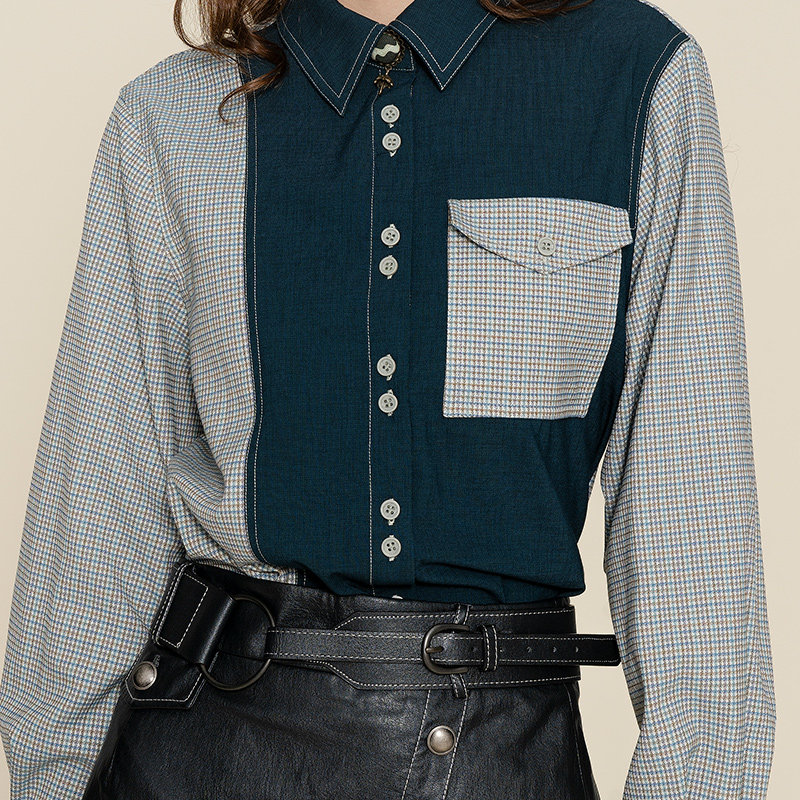 D-HARRY/迪哈利春撞色拼接衬衫女遮肉显瘦复古衬衣DH224D95826T