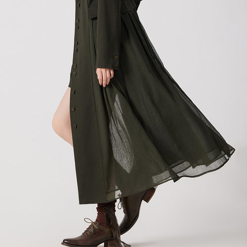 D-HARRY/迪哈利春秋新款墨绿色人字纹拼纱长外套DH241A96896D - 图0