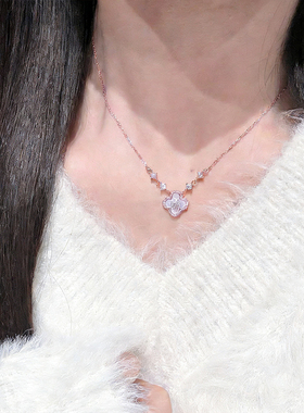 粉贝母四叶草纯银项链女款锁骨链