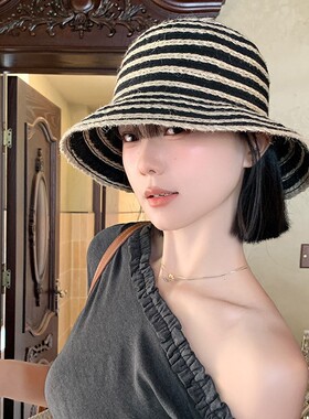 韩系复古棉麻条纹渔夫帽子女夏季透气出游遮阳防晒显脸小沙滩草帽