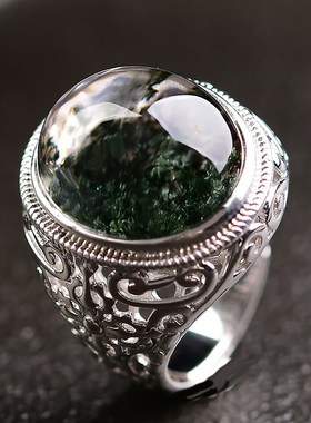 天然聚宝盆绿幽灵戒指水晶戒面男戒指礼物925银托复古款首饰活口