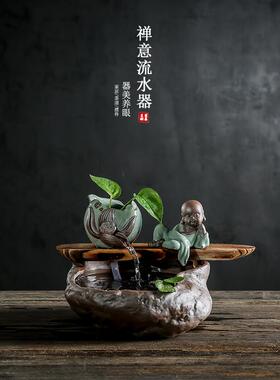 禅宗可爱小和尚水流装置循环水冲洗装饰品陶瓷家居客厅配件开幕乔