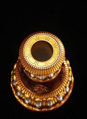 藏式家用八吉祥转轮底座摆件树脂彩绘雕花手摇底座桌面转筒底座