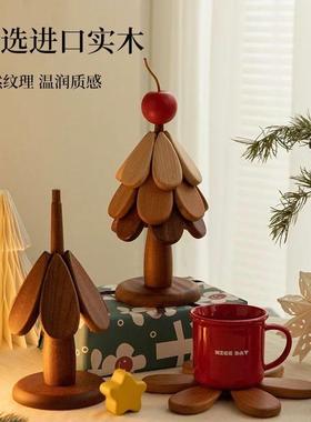 高级感圣诞树隔热垫餐桌摆件创意一棵树实木防烫锅垫折叠杯垫碗垫