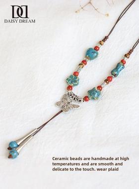 民族风格女性陶瓷蝴蝶项炼新中国风长流苏吊坠项炼利基民族风格锁