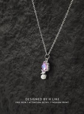 新款紫色水钻小花珍珠钛钢液吊坠十字链条锁骨项链女时尚气质高级