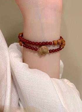 新中式平安福牌檀木手串女款招财转运珠红玛瑙手炼配饰小众高级感
