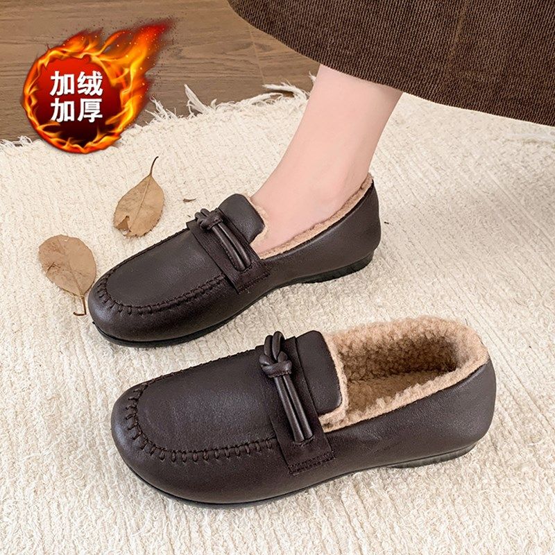 防水妈妈小棉鞋女冬季加绒保暖老人皮鞋一脚蹬防滑奶奶豆豆鞋皮面,淘宝优惠券,粉丝福利购,淘宝优惠卷