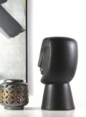 现代中式禅意人物工艺摆件哑光黑白别墅酒店头像陶瓷雕塑简约台面