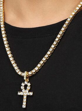 欧美潮牌满钻安赫钥匙十字架吊坠男女嘻哈街舞流行街头项链锁骨链