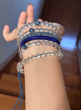 10A净体天然白水晶佛珠手链108颗念珠项链简约风蓝晶石配珠项链女