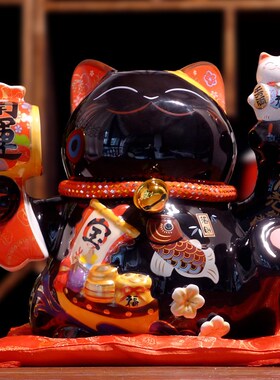 大号招财猫摆件 开业日式黑色陶瓷发财猫存钱罐 居家客厅装饰镇宅