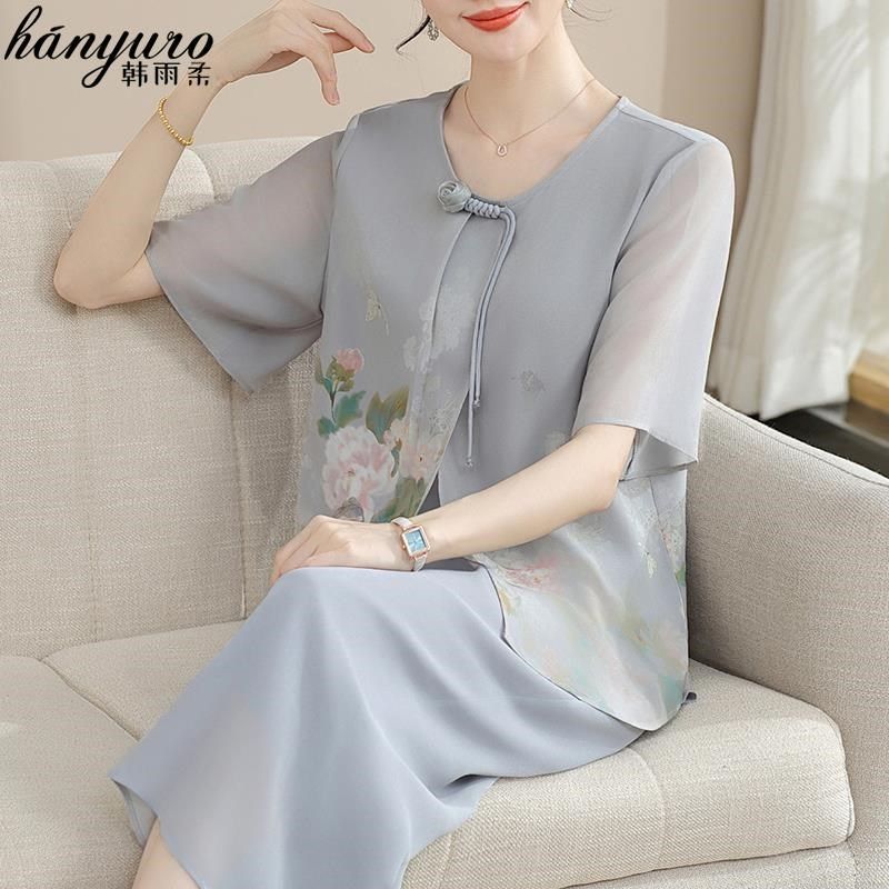 新中式妈妈夏装套装气质雪纺小衫洋气中老年女装夏季短袖T恤上衣,淘宝优惠券,粉丝福利购,淘宝优惠卷