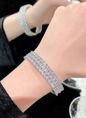 小众满钻宽版排钻手镯镯子首饰简约锆石百搭叠戴婚礼奢华配饰开口