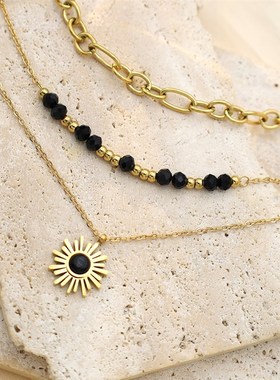 饰品个性轻奢三层黑色米珠太阳吊坠项链女百搭小众叠戴锁骨链