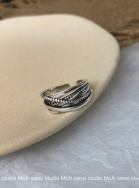 三四店 日韩版多层缠绕戒指复古麻花开口设计男女情侣925银戒指