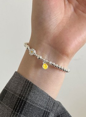 纯银雏菊笑脸手錬925银珠手工弹力绳甜美可爱彩色手串轻奢春夏款