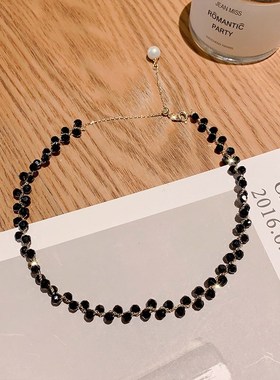 2023年小众黑色水晶项链女轻奢高级感锁骨链颈链法式潮设计感短链