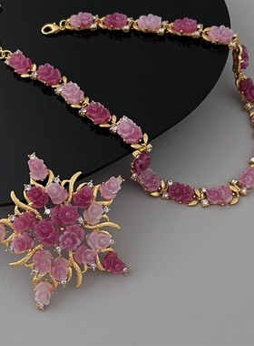 中古系列电镀雾金粉色渐变玫瑰花项链胸针项链