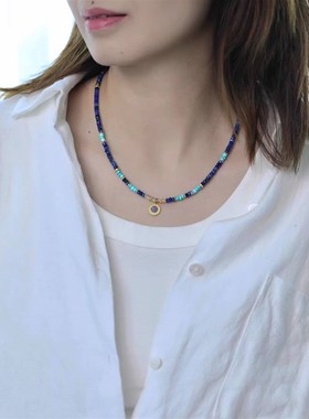 新中式天然蓝晶石绿松串珠项链女小众设计拉长石国风手串手链礼物