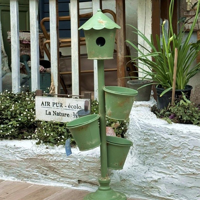 美式乡村铁艺做旧斑驳鸟屋三桶花架橱窗装饰品庭院家居落地摆件,淘宝优惠券,粉丝福利购,淘宝优惠卷