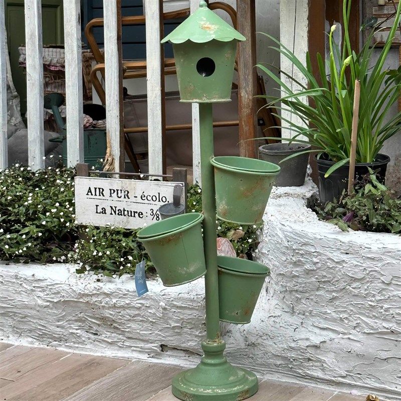 美式乡村铁艺做旧斑驳鸟屋三桶花架橱窗装饰品庭院家居落地摆件,淘宝优惠券,粉丝福利购,淘宝优惠卷