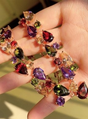 超闪奢华锆石七彩水晶项链耳环套装饰品婚纱礼服首饰白搭毛衣链