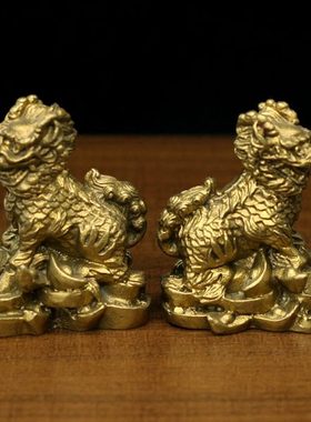 实心纯铜小号财福麒麟摆件客厅玄关书房书桌办公桌工艺品黄铜麒麟