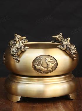 纯黄铜四方来财聚宝盆摆件居家时来运转室内桌面铜四象金蟾聚宝盆