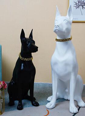 沙发旁落地狗摆件杜宾犬客厅摆设黑色风水彷真入户鞋柜装饰看门狗