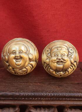 笑脸财神手把件黄铜手球实心财神爷摆件中老年锻炼手指随身保健球