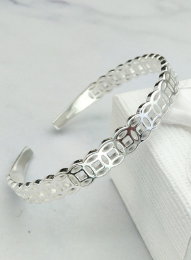 纯银999金钱手镯招财女生开口气质秀气情侣银手环送朋友节日礼物